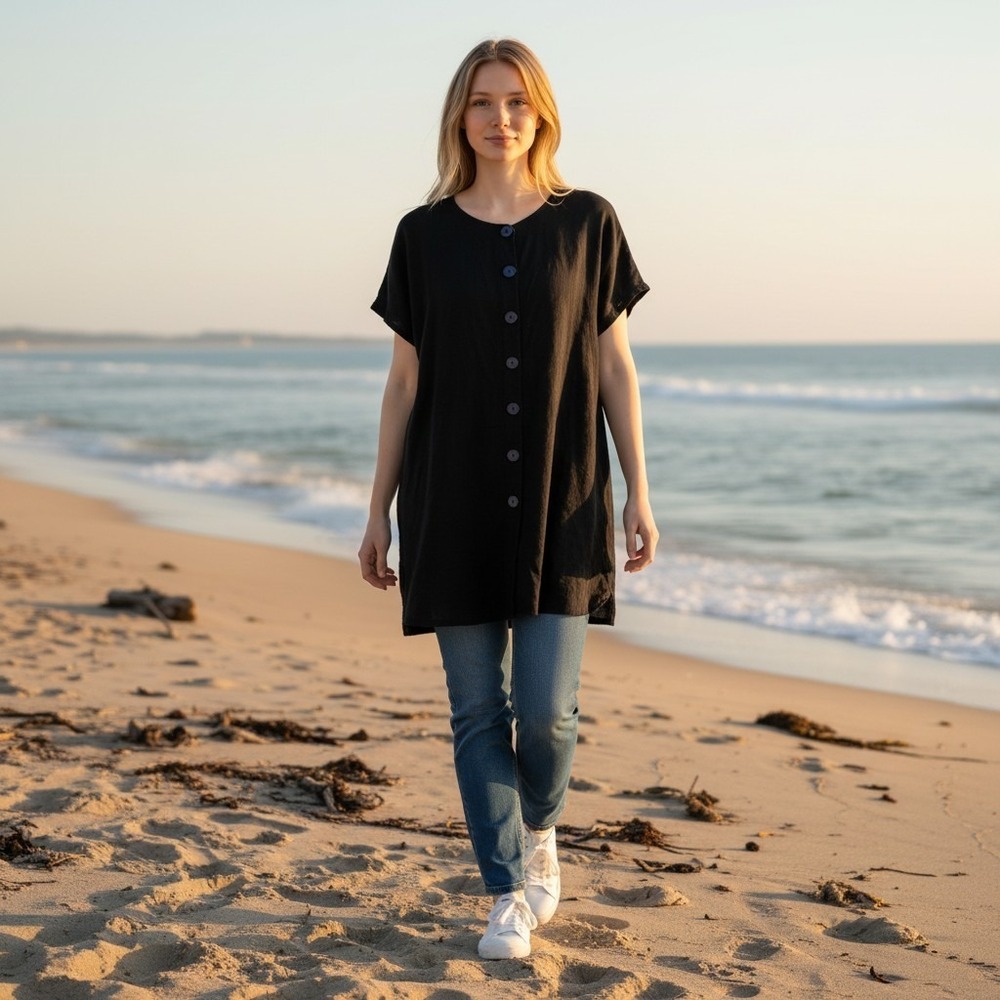 Beach Cabana Women's Black Button Front Tunic Top Blouse Size L Linen Blend